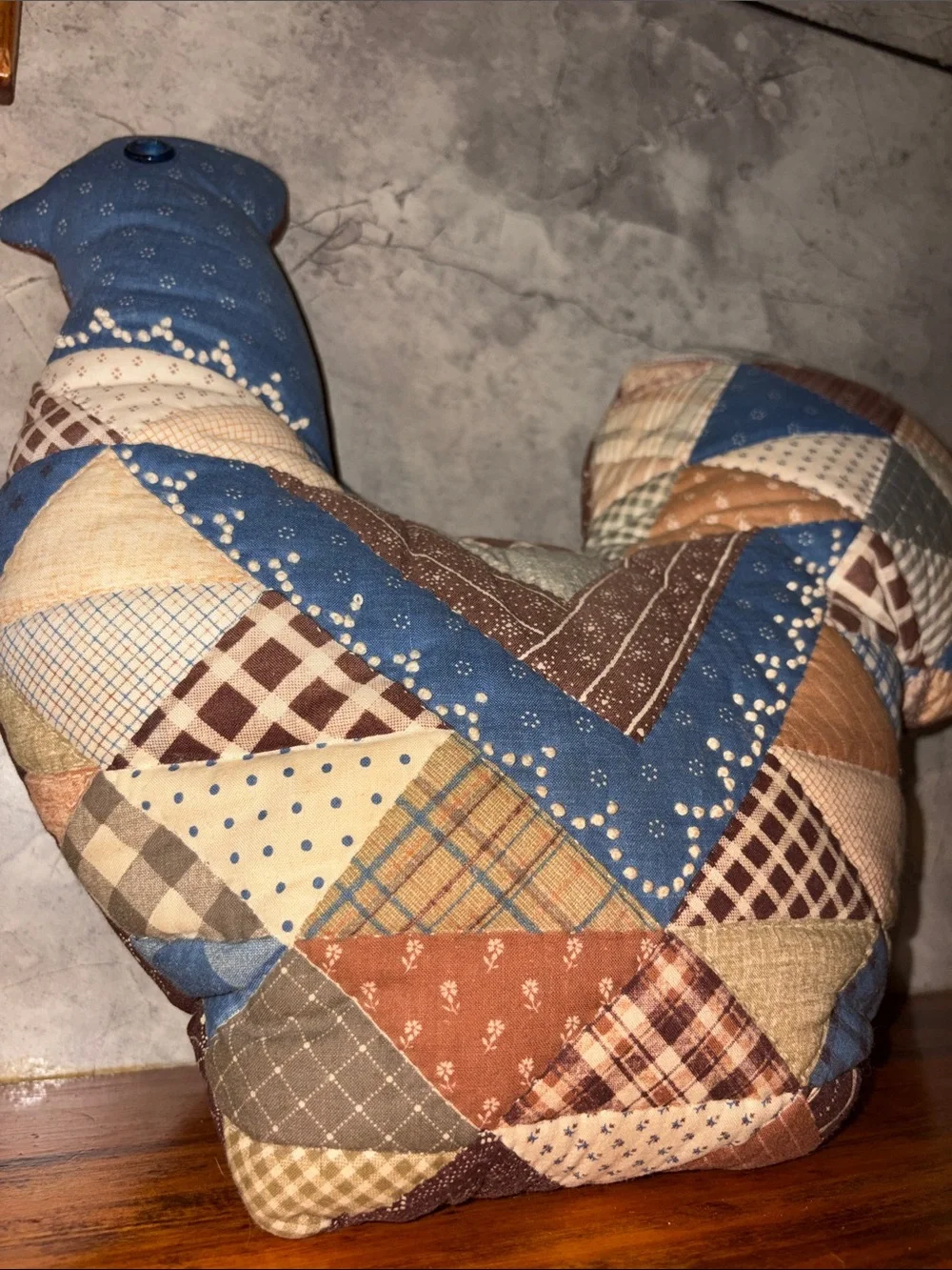 Vintage 90s Patchwork Quilted Chicken  Accent Pillow in Blue and Brown Handmade